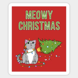 Meowy Christmas Gray Tabby Cat Knocked Over Xmas Tree Sticker